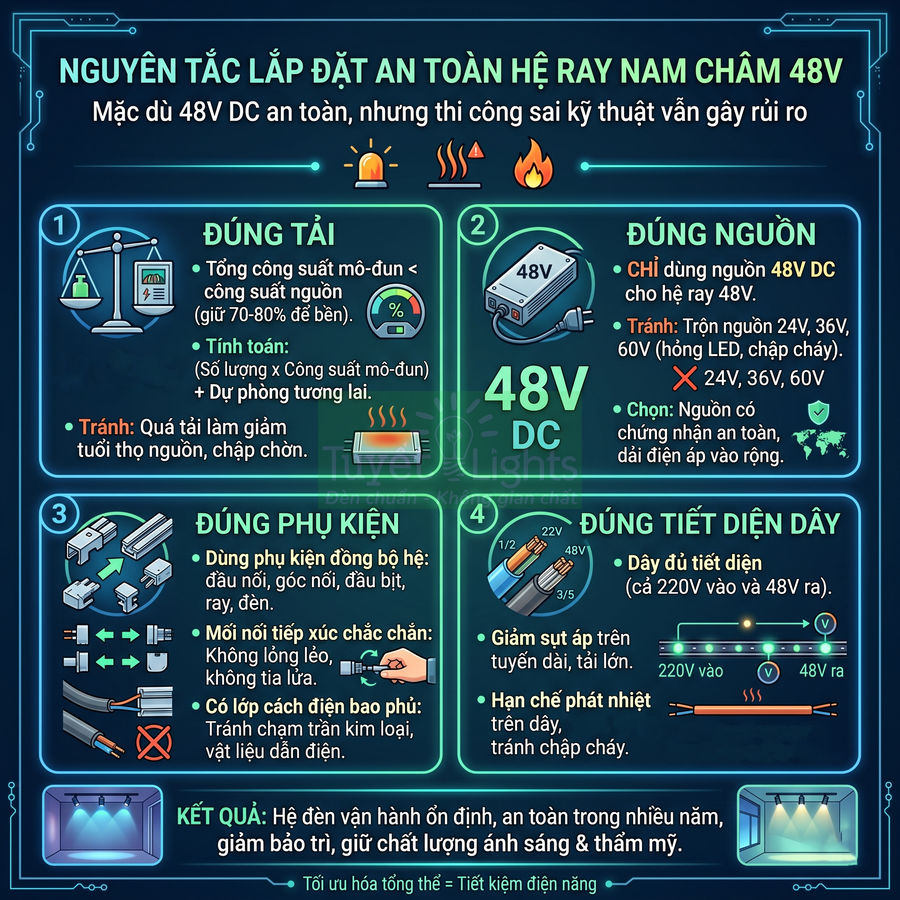 Hướng dẫn lắp đặt an toàn hệ ray nam châm 48V DC cho đèn, nhấn mạnh chọn nguồn và phụ kiện đúng chuẩn