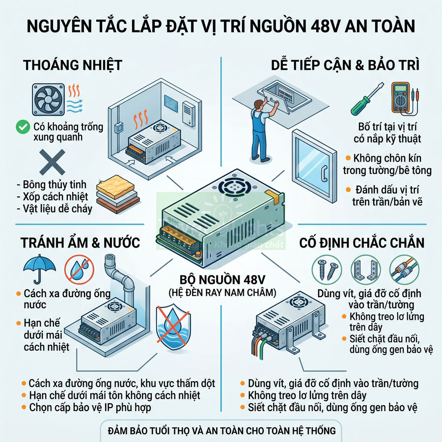 Hướng dẫn lắp đặt bộ nguồn 48V an toàn với các lưu ý thoáng nhiệt, tránh ẩm nước và cố định chắc chắn