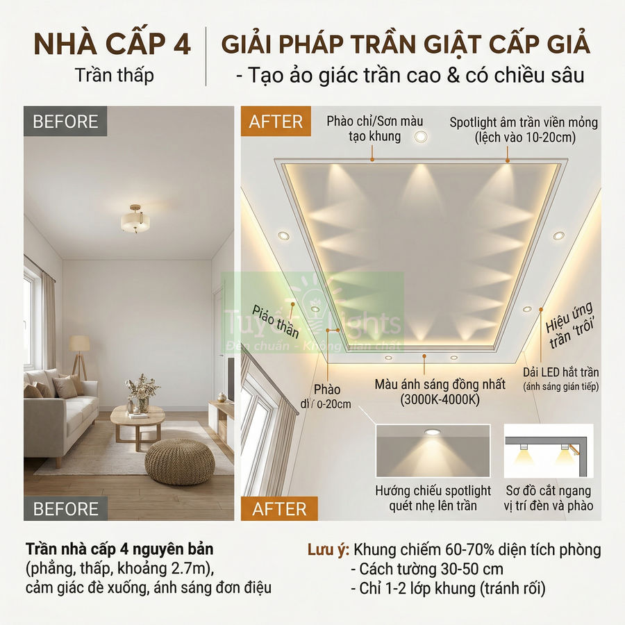 Giải pháp trần giật cấp giả với đèn LED và spotlight tạo hiệu ứng trần cao cho phòng khách nhà cấp 4
