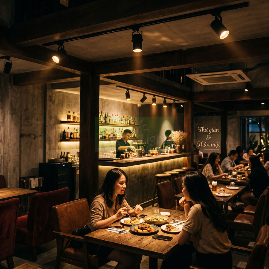 Nhà hàng phong cách hiện đại với ánh sáng vàng ấm, khách thưởng thức bữa tối và quầy bar phía sau