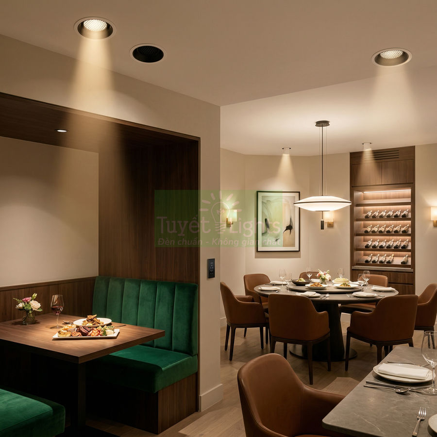 Đèn downlight âm trần chiếu sáng không gian phòng ăn nhà hàng sang trọng