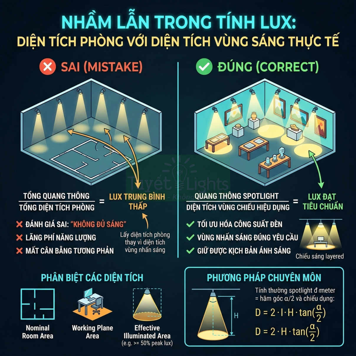 Infographic hướng dẫn tính lux đúng cho đèn spotlight trong phòng, so sánh sai lầm và cách tối ưu vùng chiếu sáng