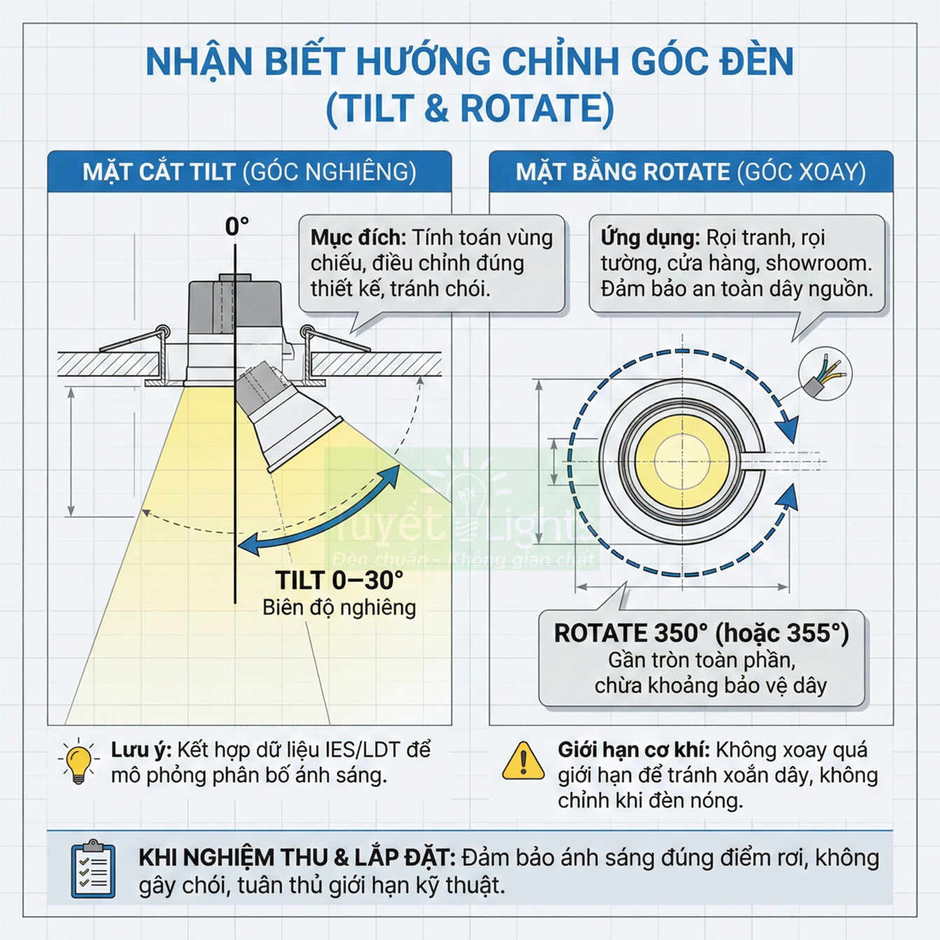 Hướng dẫn điều chỉnh góc nghiêng và xoay cho đèn âm trần, tối ưu vùng chiếu sáng và tránh chói mắt