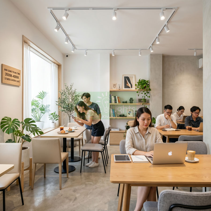 Người trẻ làm việc với laptop Apple MacBook trong quán cà phê sáng, bàn gỗ và ly cà phê latte