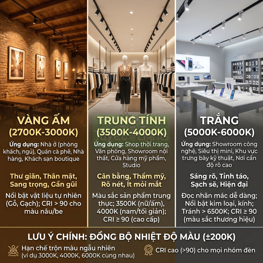 So sánh ánh sáng vàng ấm, trung tính và trắng cho nhà hàng, shop thời trang, showroom công nghệ