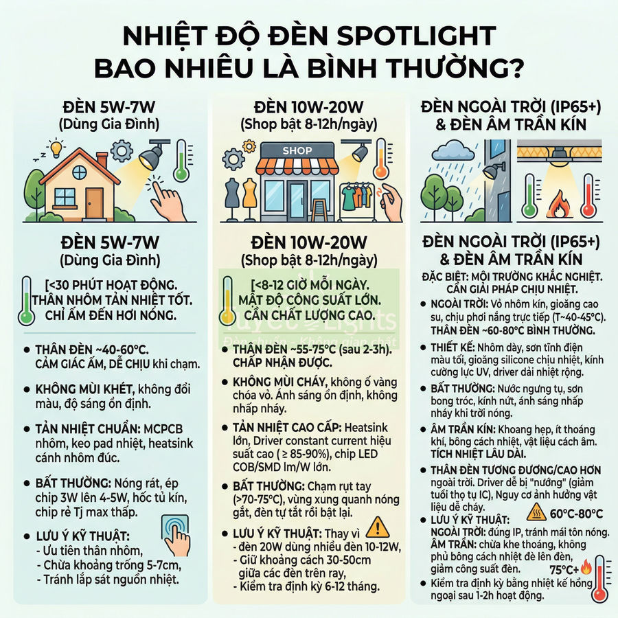 Infographic hướng dẫn nhiệt độ hoạt động bình thường cho các loại đèn spotlight gia đình, shop và đèn ngoài trời IP65