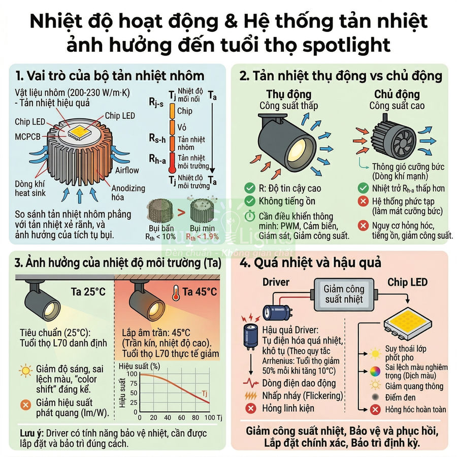 Nhiệt độ hoạt động và hệ thống tản nhiệt ảnh hưởng tuổi thọ đèn LED spotlight, so sánh tản nhiệt nhôm và quạt chủ động