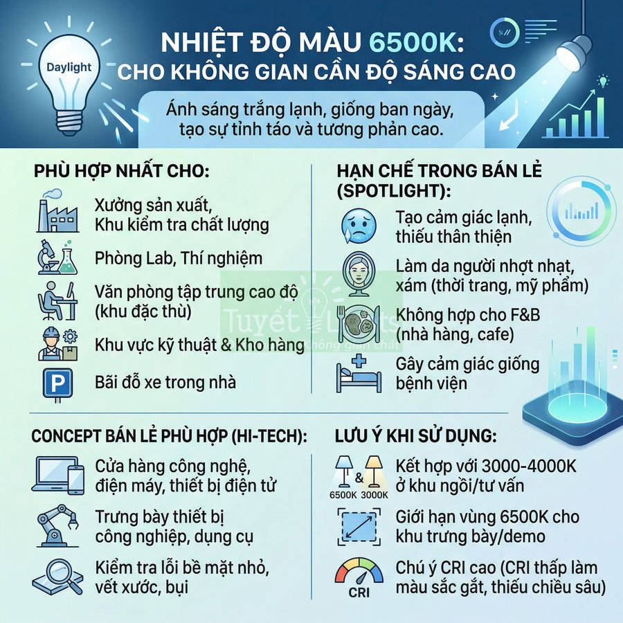 Infographic hướng dẫn sử dụng ánh sáng trắng 6500K cho không gian cần độ sáng cao và lưu ý khi chiếu sáng