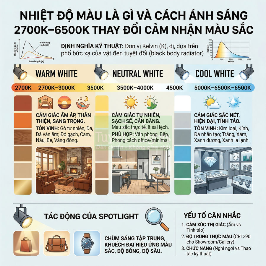Infographic nhiệt độ màu 2700K 6500K minh họa ánh sáng warm white neutral white cool white và ứng dụng chiếu sáng nội thất