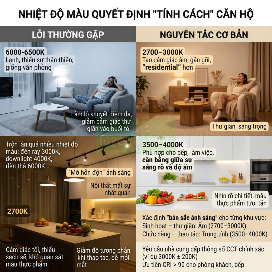 So sánh nhiệt độ màu đèn LED trong căn hộ, minh họa lỗi thường gặp và nguyên tắc chọn ánh sáng cho từng không gian