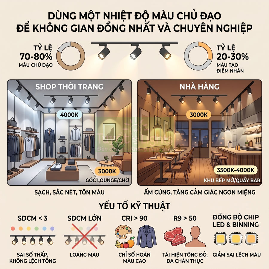 Đèn rọi ray LED chiếu sáng shop thời trang và nhà hàng với các mức nhiệt độ màu khác nhau