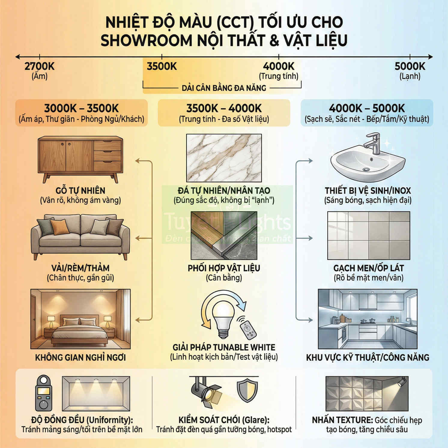 Bảng hướng dẫn nhiệt độ màu đèn LED tối ưu cho showroom nội thất và vật liệu xây dựng