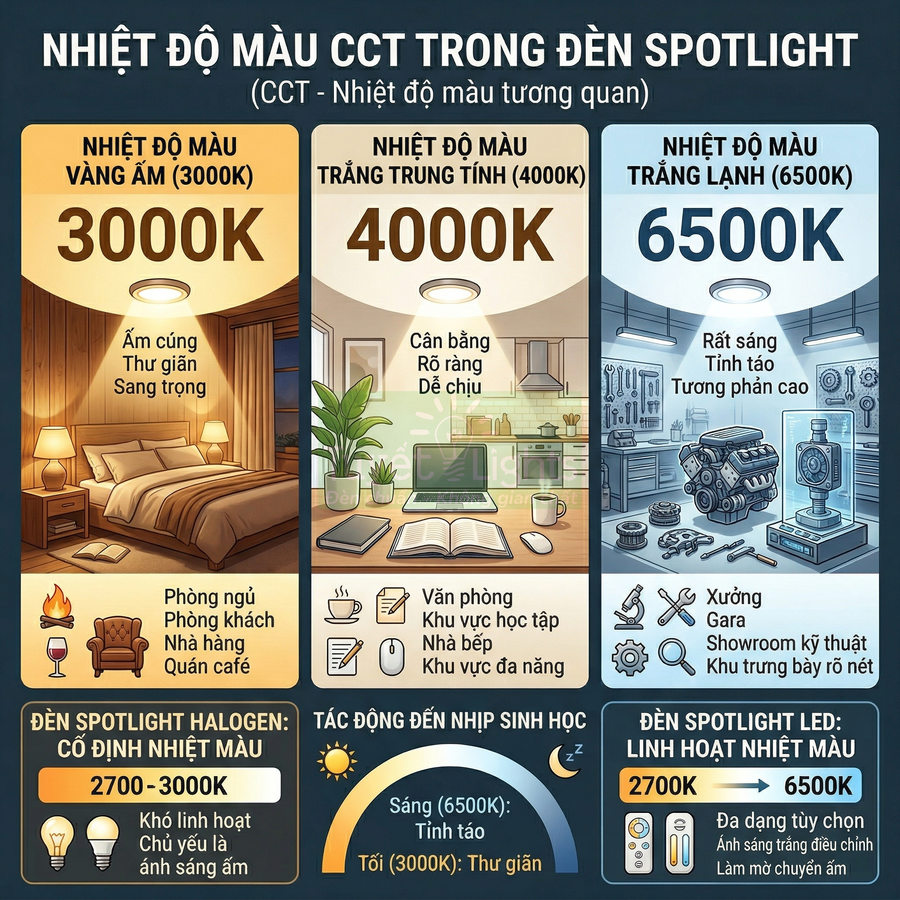 Bảng so sánh nhiệt độ màu CCT 3000K 4000K 6500K cho đèn spotlight halogen và LED trong các không gian khác nhau