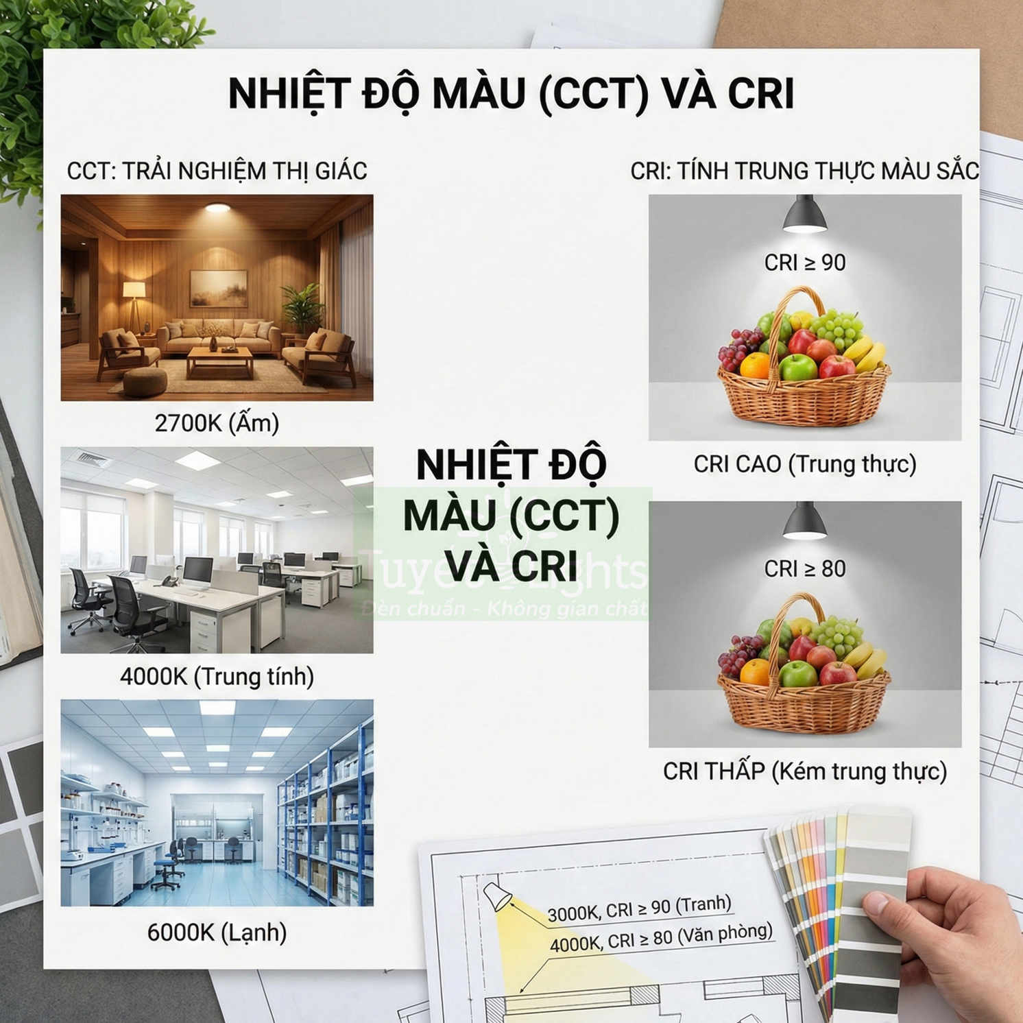 Bảng so sánh nhiệt độ màu CCT và chỉ số CRI cho đèn chiếu sáng trong phòng khách, văn phòng, phòng thí nghiệm