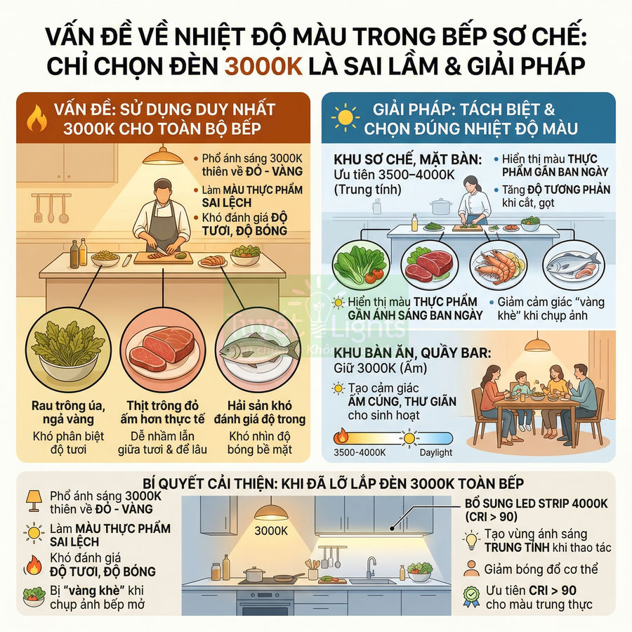 Infographic hướng dẫn chọn nhiệt độ màu đèn LED 3000K và 4000K cho khu bếp sơ chế và bàn ăn