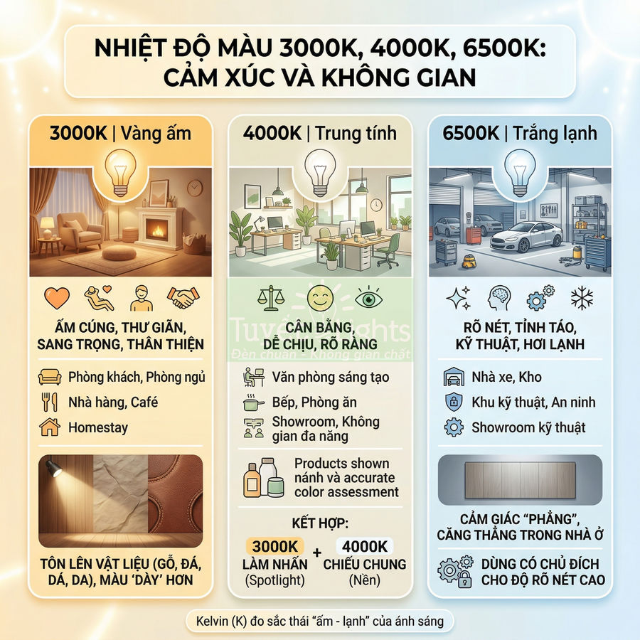 Infographic so sánh nhiệt độ màu đèn LED 3000K 4000K 6500K và gợi ý ứng dụng cho từng không gian