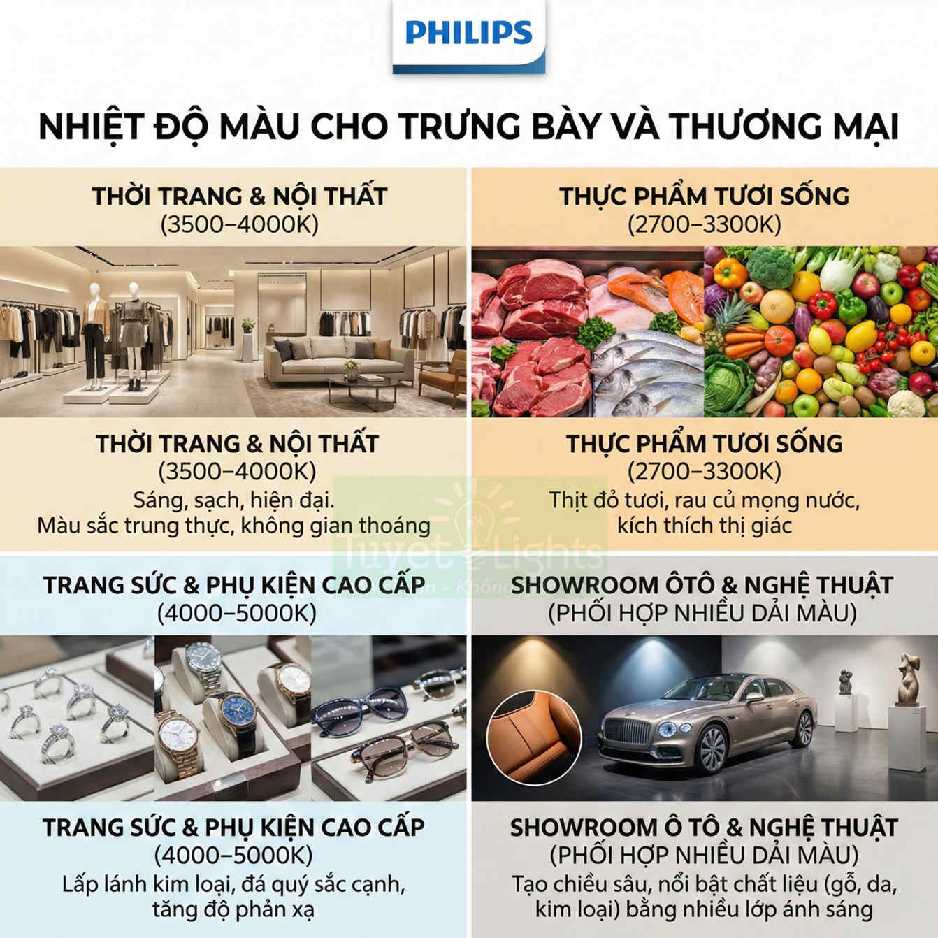 Bảng hướng dẫn nhiệt độ màu đèn Philips cho trưng bày thời trang, thực phẩm tươi sống, trang sức và showroom ô tô