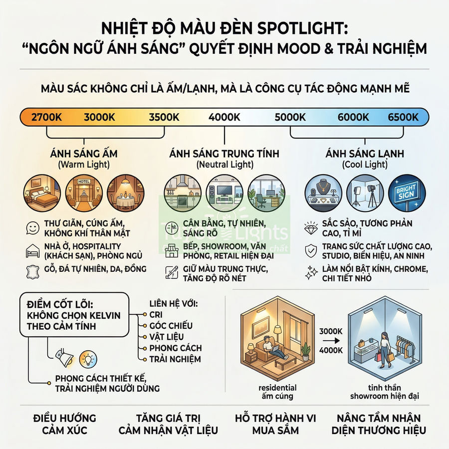 Infographic nhiệt độ màu đèn spotlight từ 2700K đến 6500K với ví dụ ánh sáng ấm, trung tính và lạnh trong không gian nội thất
