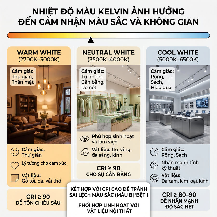Bảng so sánh nhiệt độ màu Kelvin warm white neutral white cool white và ảnh minh họa không gian nội thất tương ứng