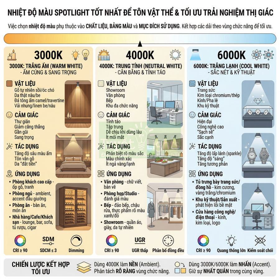 Infographic so sánh nhiệt độ màu spotlight 3000K 4000K 6000K và gợi ý ứng dụng chiếu sáng nội thất