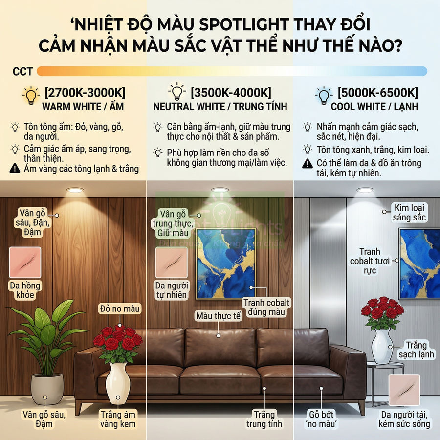 So sánh nhiệt độ màu spotlight 2700K 4000K 6500K và ảnh hưởng đến màu sắc nội thất phòng khách