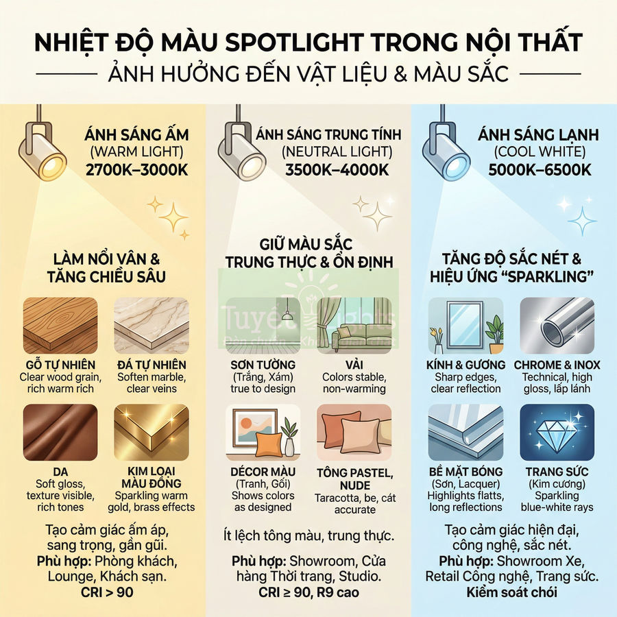 Bảng hướng dẫn chọn nhiệt độ màu đèn spotlight nội thất cho gỗ, đá, da, kim loại, kính, inox và trang sức