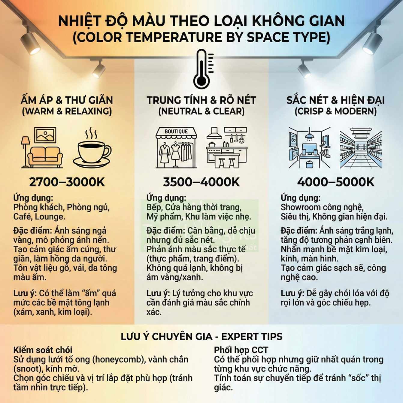 Bảng hướng dẫn chọn nhiệt độ màu đèn LED 2700K đến 5000K cho từng loại không gian và ứng dụng chiếu sáng