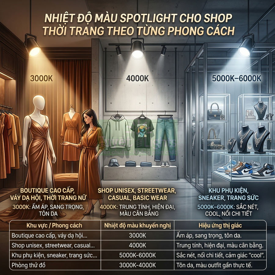 Bảng hướng dẫn chọn nhiệt độ màu spotlight cho shop thời trang, váy dạ hội, streetwear và khu phụ kiện sneaker trang sức