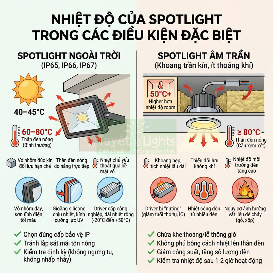 Infographic nhiệt độ hoạt động của đèn spotlight ngoài trời và spotlight âm trần trong các điều kiện đặc biệt