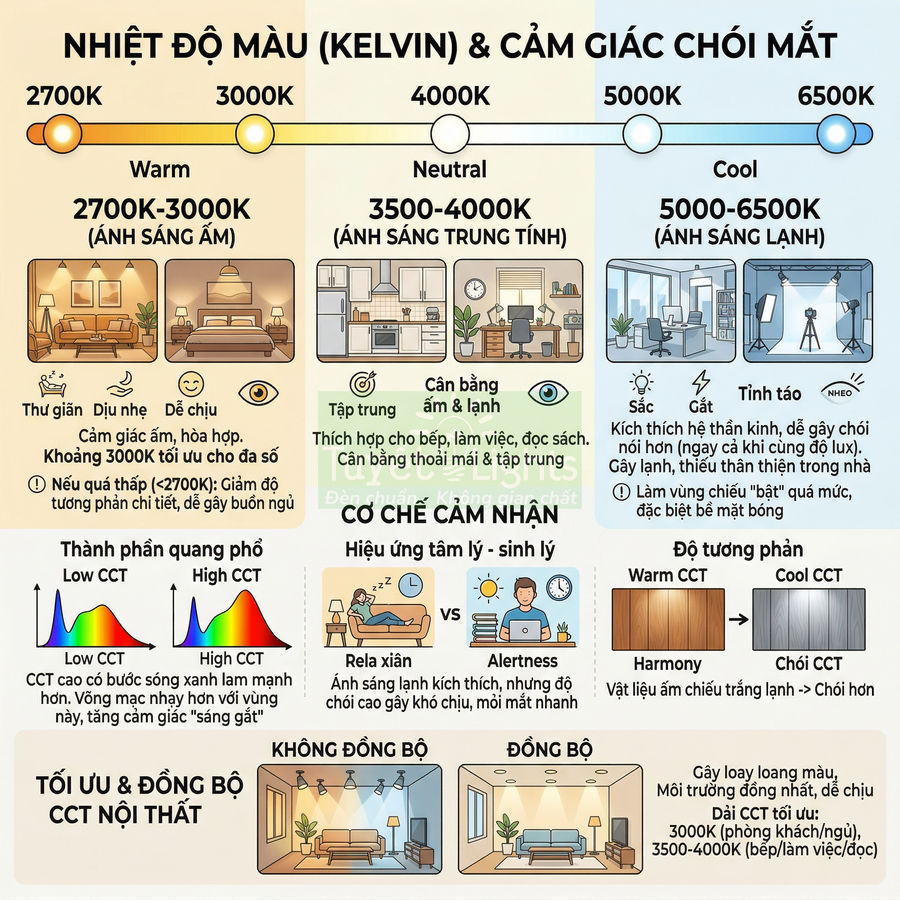 Infographic giải thích nhiệt độ màu Kelvin của ánh sáng 2700K đến 6500K và ảnh hưởng tới cảm giác chói mắt, thư giãn, tập trung