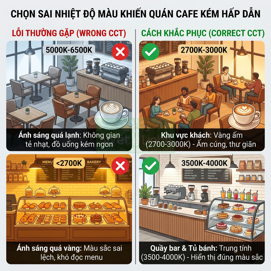 Minh họa so sánh nhiệt độ màu đèn chiếu sáng đúng sai cho quán cafe và quầy bánh giúp không gian hấp dẫn hơn