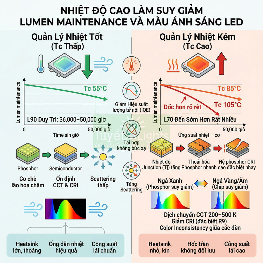 Infographic so sánh quản lý nhiệt tốt và kém ảnh hưởng đến độ bền sáng và màu sắc đèn LED