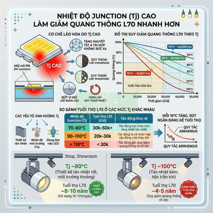 Infographic về ảnh hưởng nhiệt độ junction Tj cao đến suy giảm quang thông và tuổi thọ đèn LED chiếu sáng