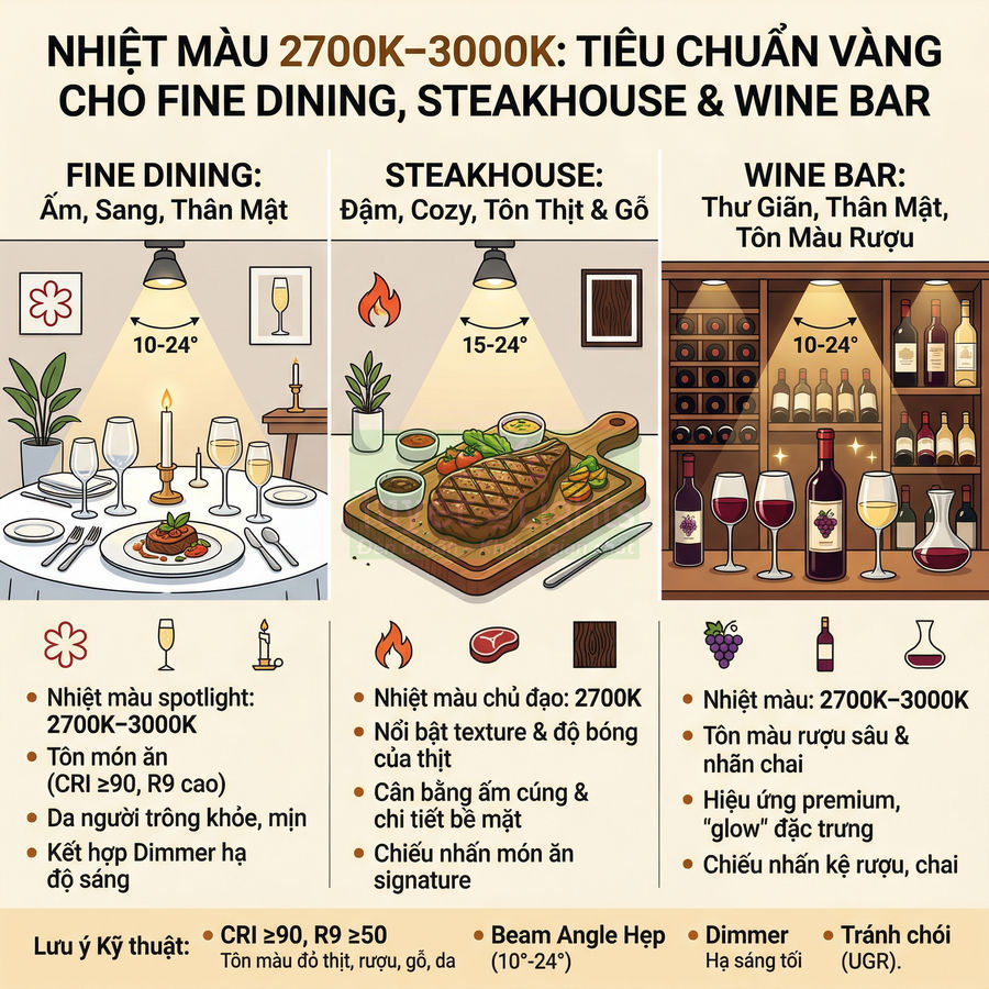Minh họa nhiệt màu đèn 2700K 3000K cho fine dining steakhouse wine bar với spotlight chiếu món ăn và rượu