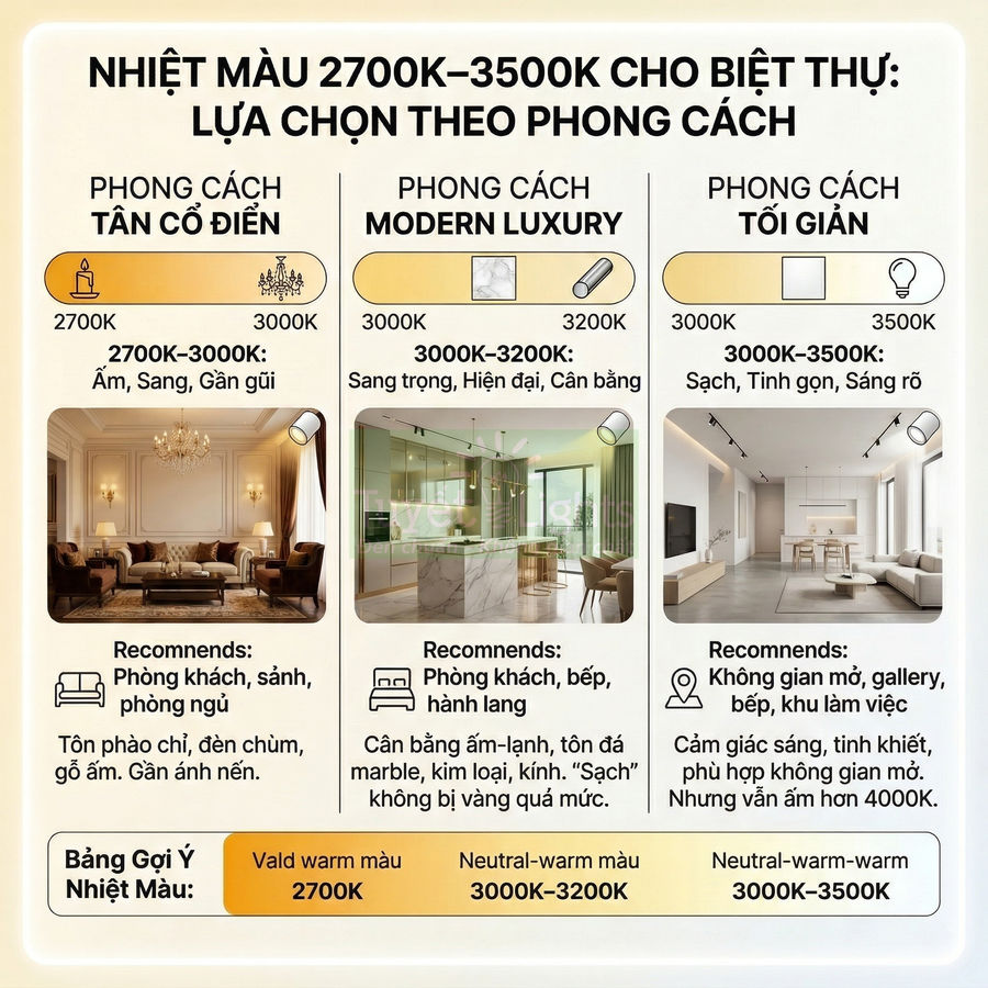 Bảng gợi ý nhiệt màu 2700K–3500K cho biệt thự theo phong cách tân cổ điển, modern luxury và tối giản