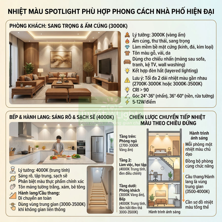 Infographic hướng dẫn chọn nhiệt màu đèn spotlight 3000K và 4000K cho phòng khách, bếp và hành lang nhà phố hiện đại