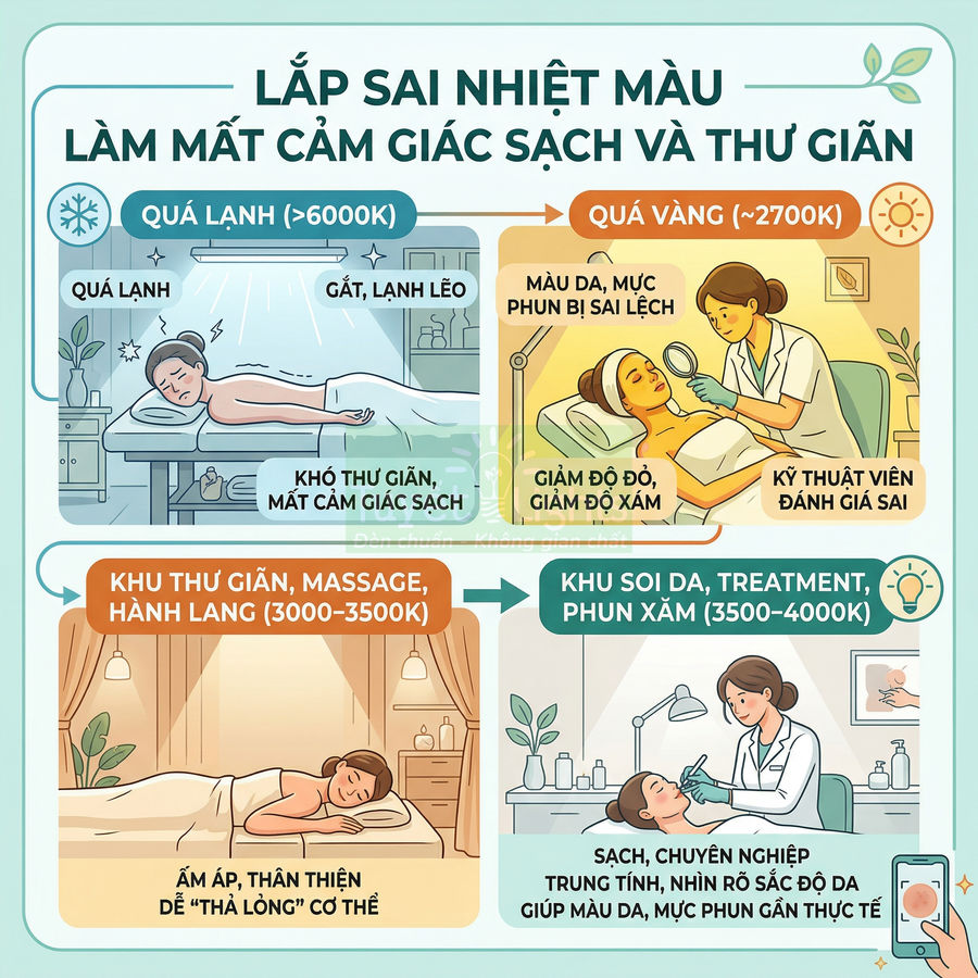 Infographic spa minh họa ảnh hưởng nhiệt màu đèn LED đến cảm giác thư giãn và độ chính xác khi soi da, phun xăm