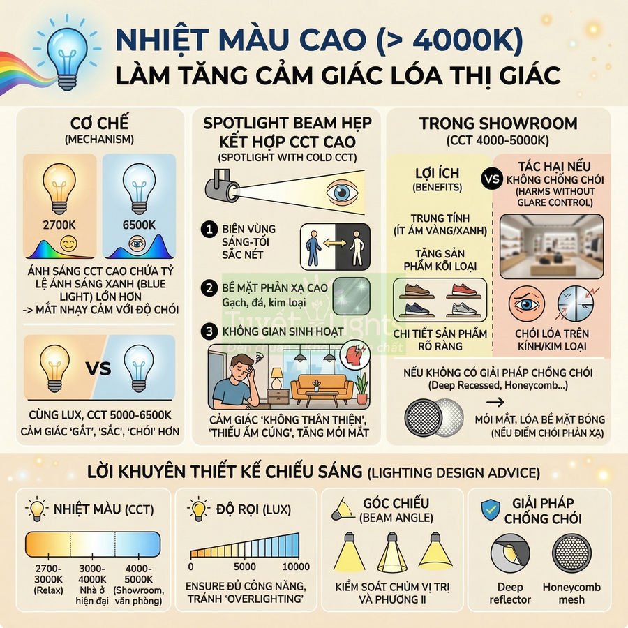 Infographic tiếng Việt giải thích tác hại nhiệt màu cao trên 4000K và khuyến nghị thiết kế chiếu sáng showroom