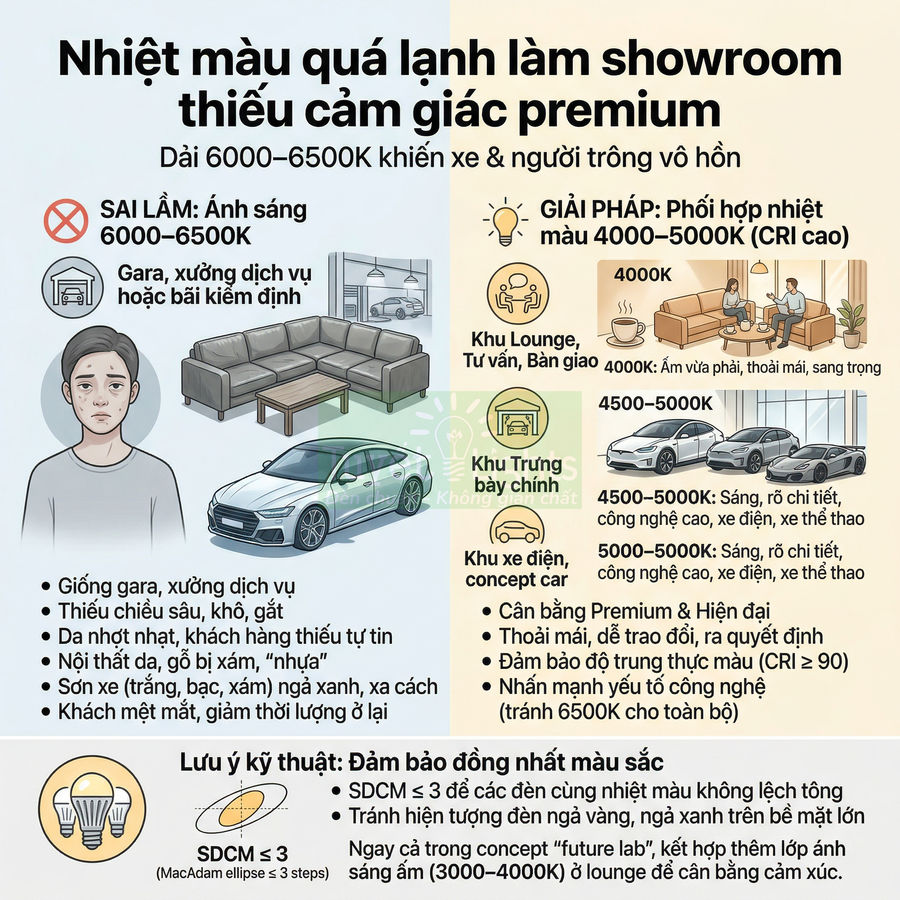 Infographic hướng dẫn chọn nhiệt màu đèn LED 4000–5000K cho showroom ô tô để tạo cảm giác premium và làm nổi bật xe