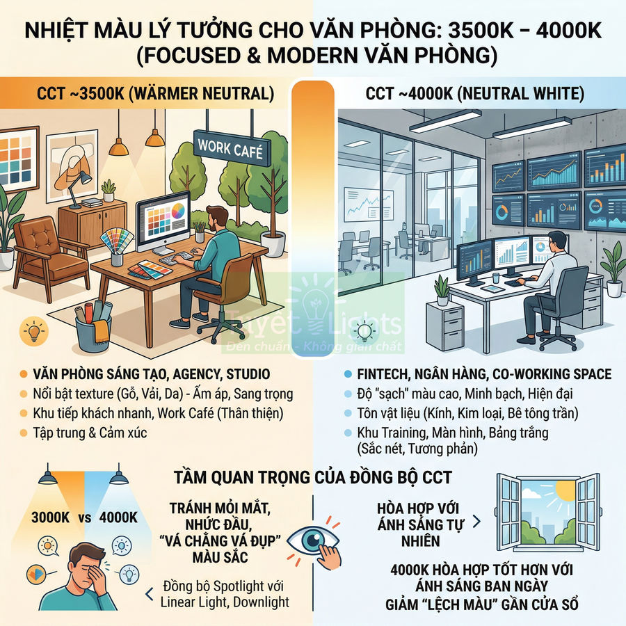 Infographic hướng dẫn chọn nhiệt màu đèn LED 3500K 4000K cho văn phòng sáng tạo và không gian làm việc hiện đại