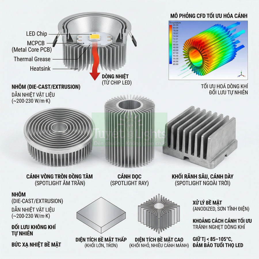 Các loại tản nhiệt nhôm cho đèn LED spotlight với nhiều kiểu cánh và mô phỏng tối ưu tản nhiệt