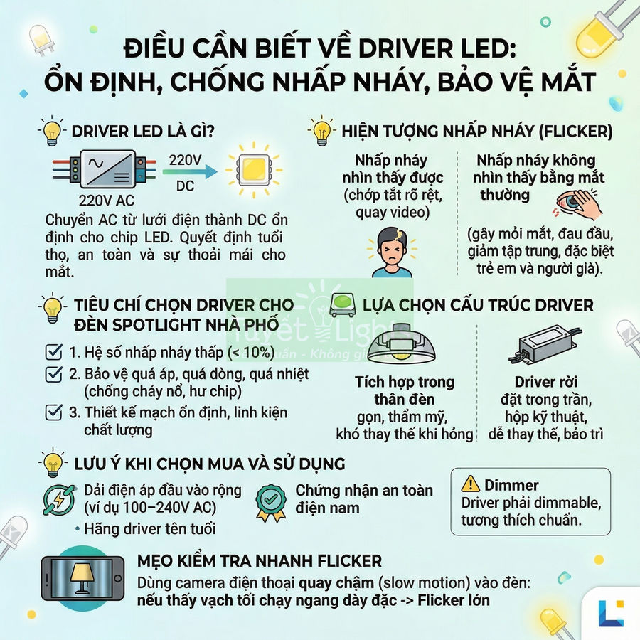Infographic hướng dẫn chọn driver LED ổn định chống nhấp nháy bảo vệ mắt và mẹo kiểm tra flicker bằng điện thoại