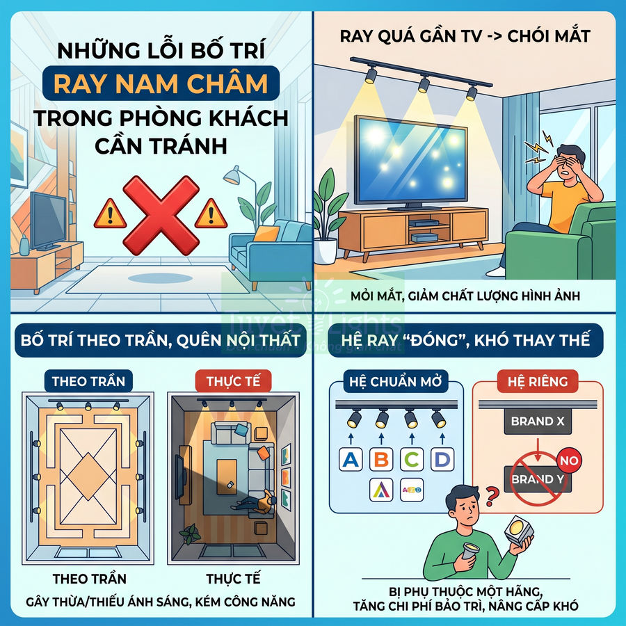 Infographic các lỗi bố trí ray nam châm trong phòng khách, minh họa vị trí đèn ray và tác hại chiếu sáng