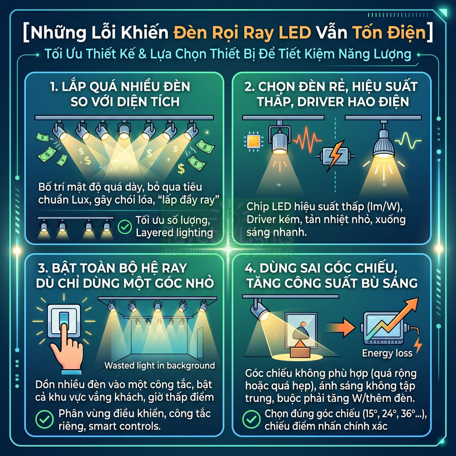 Infographic những lỗi khiến đèn rọi ray LED tốn điện và cách tối ưu thiết kế, lựa chọn thiết bị tiết kiệm năng lượng