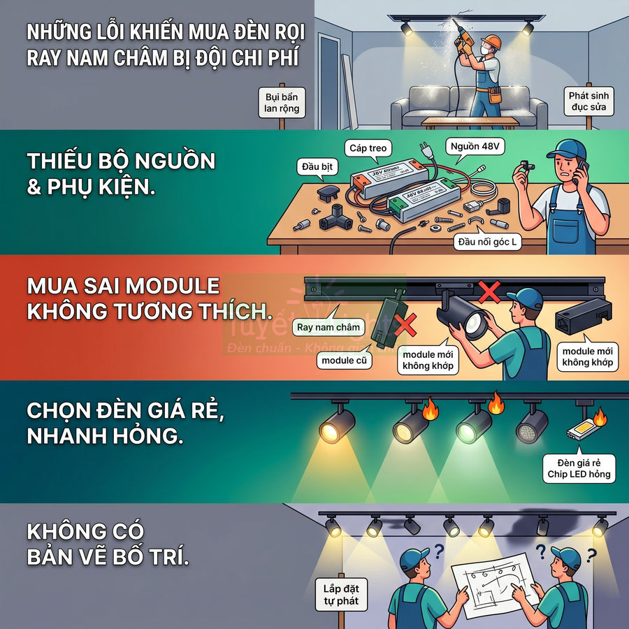 Minh họa các lỗi thường gặp khi mua và lắp đặt đèn rọi ray nam châm trong nhà