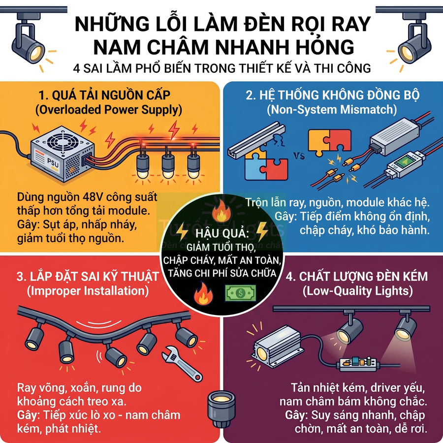 Infographic các lỗi phổ biến khiến đèn rọi ray nam châm nhanh hỏng và hậu quả khi lắp đặt, sử dụng sai