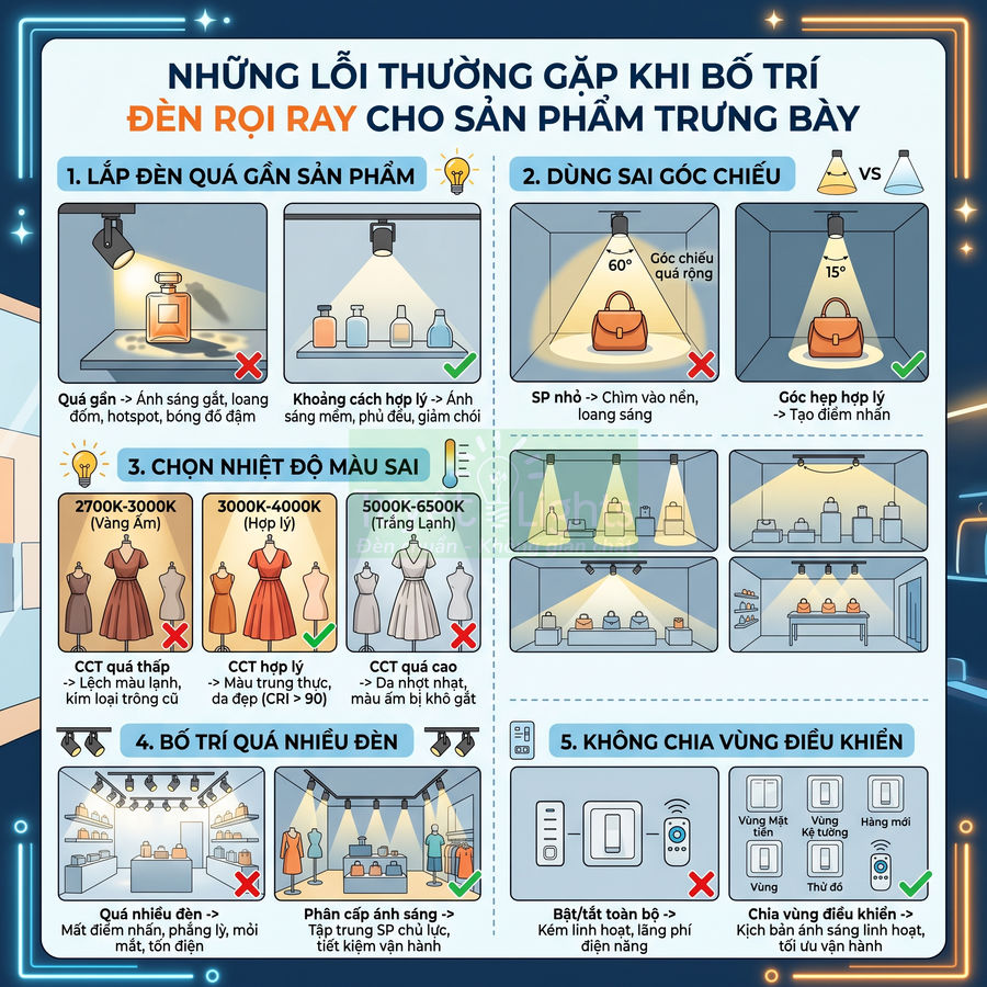 Minh họa các lỗi thường gặp khi bố trí đèn rọi ray chiếu sáng sản phẩm trưng bày trong cửa hàng