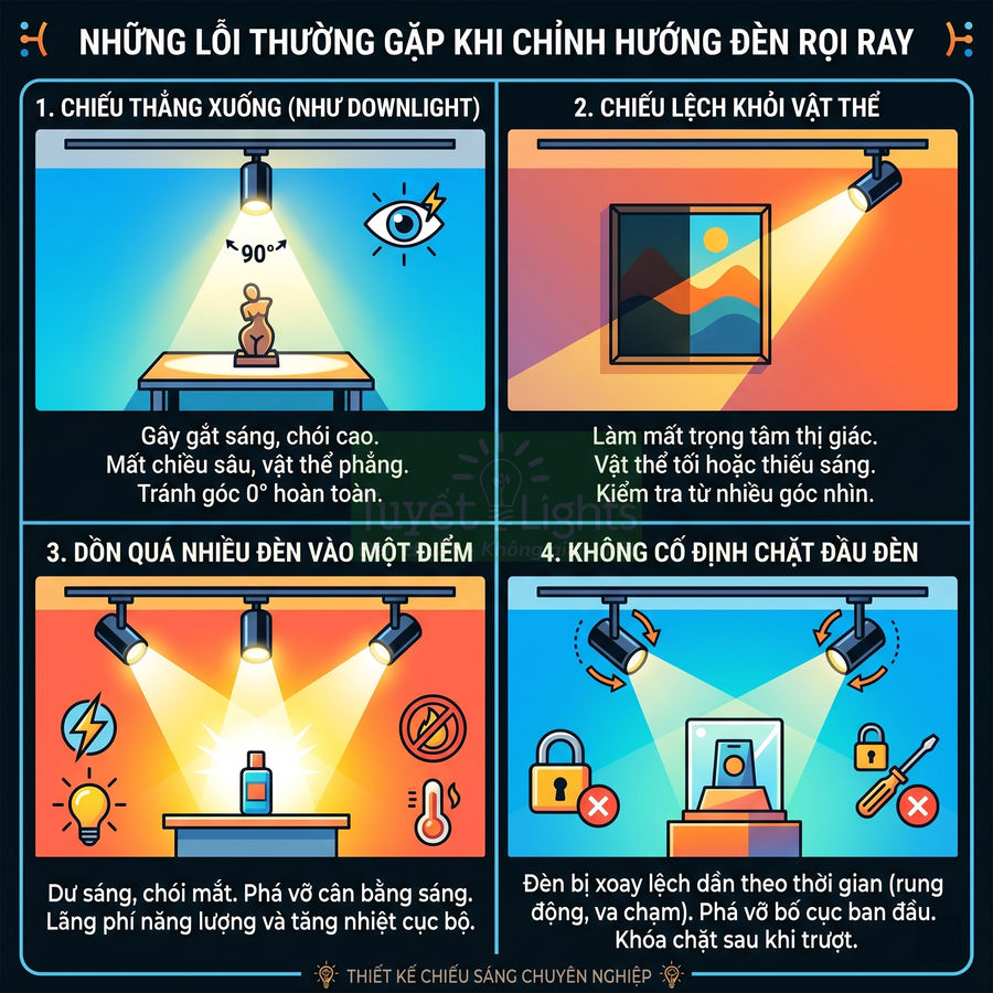 Minh họa các lỗi thường gặp khi chỉnh hướng đèn rọi ray trong thiết kế chiếu sáng nội thất