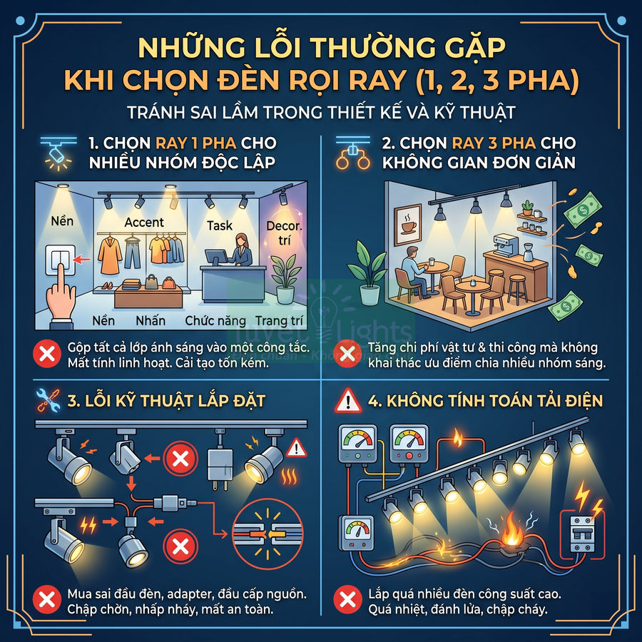 Những lỗi thường gặp khi chọn và lắp đặt đèn rọi ray 1 pha 2 pha 3 pha trong không gian nội thất