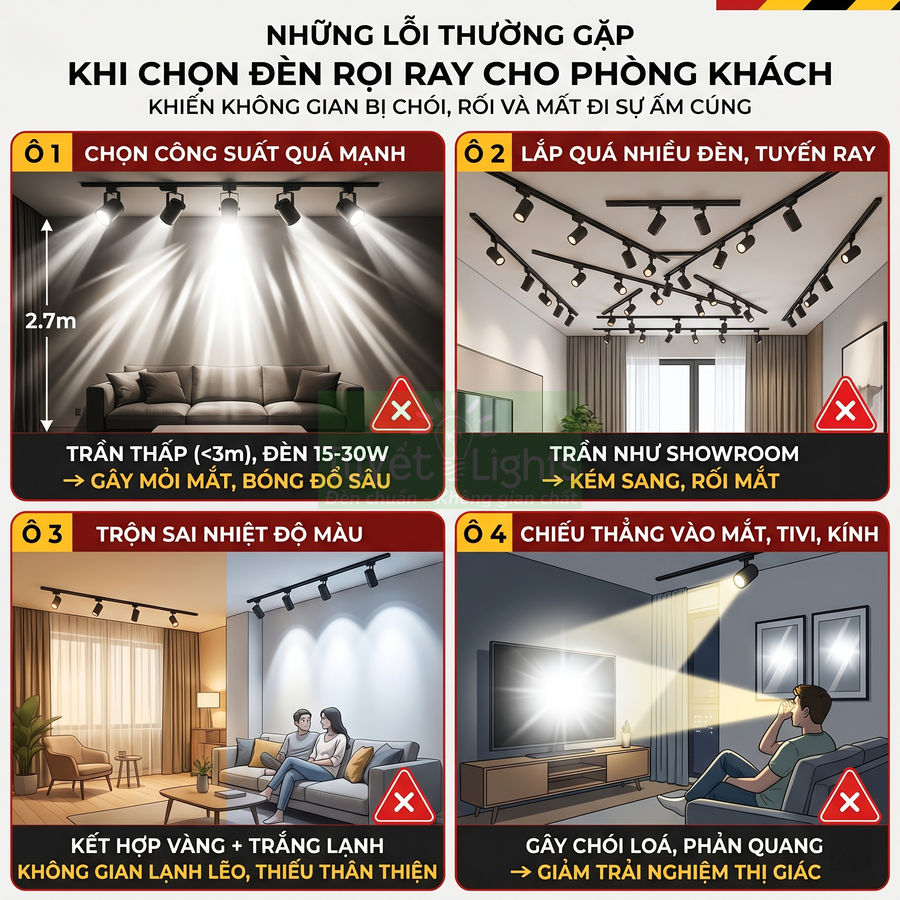 Các lỗi thường gặp khi lắp đèn rọi ray phòng khách như chọn công suất lớn, lắp quá nhiều đèn, sai nhiệt độ màu